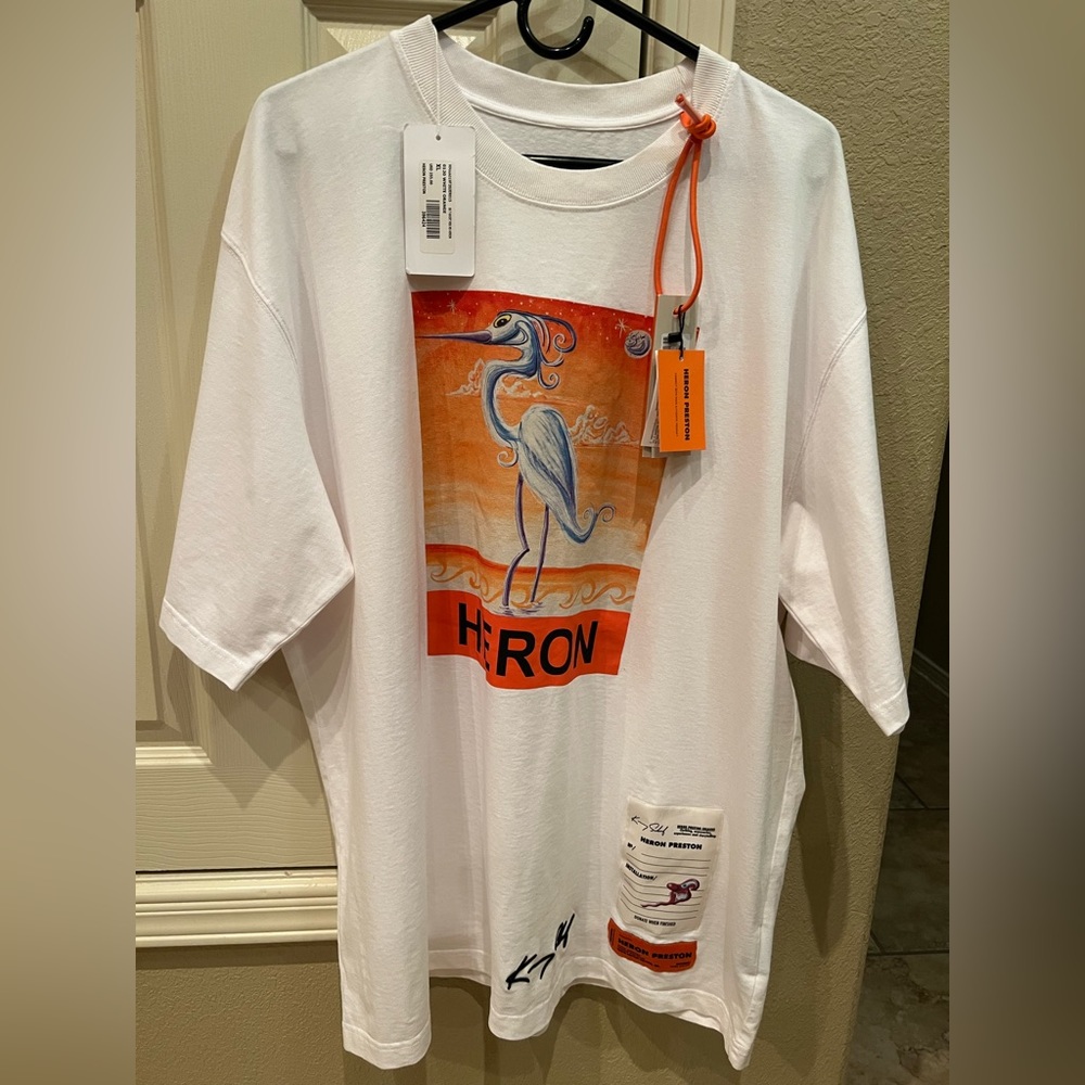 Men’s Heron Preston White and Orange T-Shirt with Tags.
